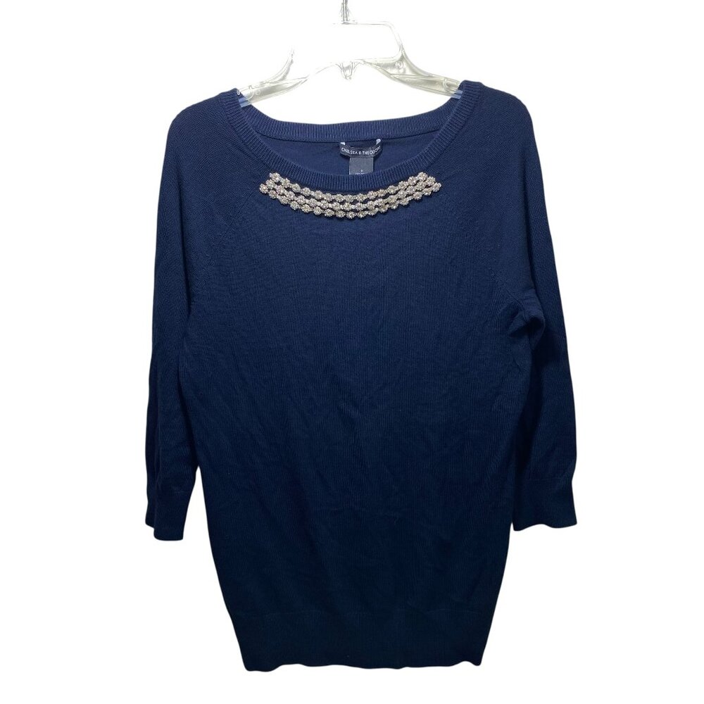 New Embellished Jewel Femenine Romantic‎ Party Rhinestones Sweater Womens S Navy